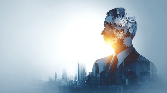 Businessman with Gear Brain and Cityscape