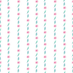 A vertical striped pattern of holly leaves and pink flowers. Watercolor. Winter, Christmas.