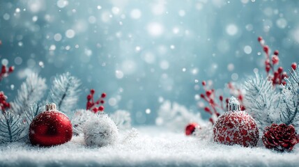 Christmas ornaments and snow create a festive winter holiday scene.