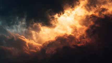 Fototapeta premium Stormy clouds with dramatic lighting, featuring intense orange and yellow hues breaking through dark, ominous formations in the sky