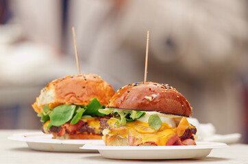 Close-up of two gourmet cheeseburgers with fresh vegetables and melted cheese, served on eco-friendly plates at a food festival in Karlin, Prague.