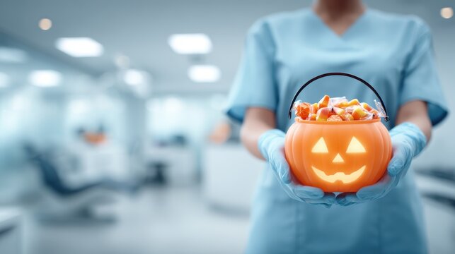 Dentist holding a Halloween pumpkin bucket filled with candy corn.