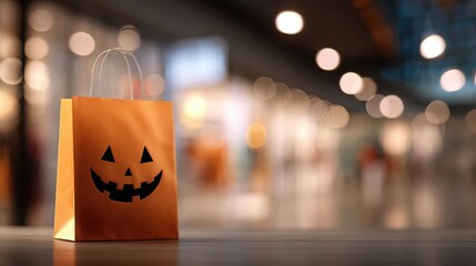 Halloween shopping bag with a smiling jack-o'-lantern face on a wooden surface.