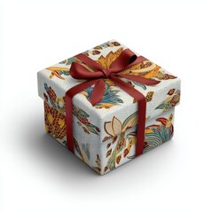 Colorful gift box adorned with floral patterns and a red ribbon, set against a plain background