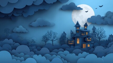Spooky Halloween Night Scene with Haunted House and Pumpkins