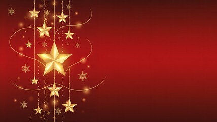 Festive red Christmas background with hanging golden stars and snowflakes for holiday cheer and seasonal celebrations with copy space