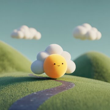 Animated character rolling on road with clouds and landscape view