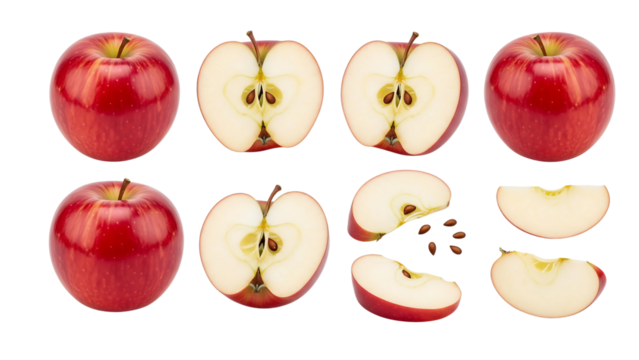 Crimson Orchard: A visual feast of fresh, ripe apples, each offering a unique perspective - whole, halved, and sliced – their vibrant red hues contrasting the subtle beige within.