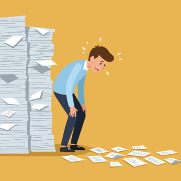 Overwhelmed employee facing a daunting stack of papers and scattered documents