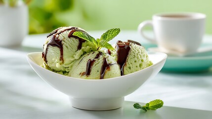 melon ice cream dish with mint leaf topping