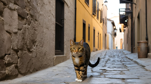 Alley Cat: Curious Spotted Feline Strolling Through Old Town Alleyway