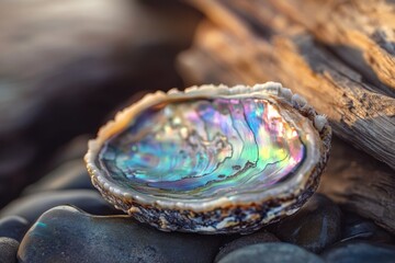 Fototapeta premium Iridescent abalone shell on wet pebbles. Mother-of-pearl interior glows with vibrant spectrum of rainbow colors, beautifully illuminated by sunlight.