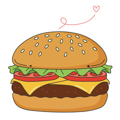 Cute flat burger illustration with cheese, tomato, and lettuce. Perfect for fast food, snack, restaurant, and lifestyle design.