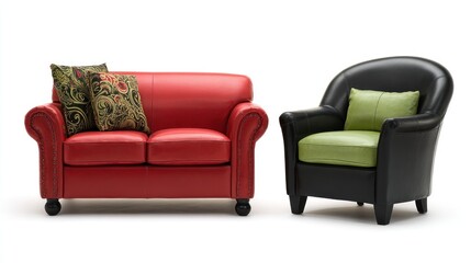 Fototapeta premium Red loveseat & black armchair with pillows on white