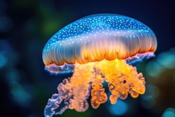 A stunning bioluminescent jellyfish, its blue bell adorned with bright spots, glows vibrantly with fiery orange tentacles in the dark ocean.