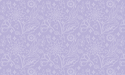 Elegant seamless floral pattern featuring hand-drawn line art flowers and leaves on a soft purple background. Perfect for textile design, fabric printing, wallpapers, packaging, stationery