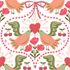 Seamless romantic pattern with doves, hearts, roses, cherries, bows. Playful folk-art style print. Perfect for Valentine’s Day, weddings, cards, invitations, wrapping paper, fabrics, packaging.