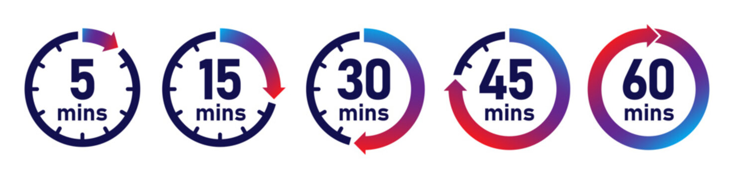 Minute timer icon set with 5, 15, 30, 45 and 60 minutes logo vector in red blue gradient