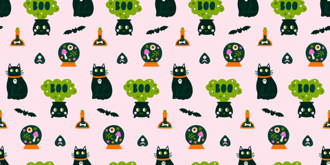 Cute Halloween vector seamless pattern. Fall wrapping paper design with black cat, magic potion cauldron, bottles, witchy ball illustrations
