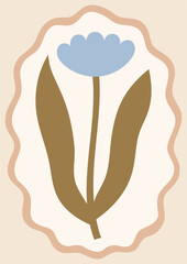 Neutral colors floral vector illustration. Minimalist poster design with vintage flower in wavy whimsical frame