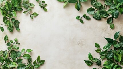 Green leaves located in the corners on a light background with a texture of plaster. The composition creates a natural frame that is ideal for the background, banner or layout with text in the center.