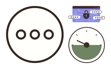 Three dots in a circle, browser with password and lock, progress gauge indicator. Ideal for security, encryption, progress, protection, login technology user interface. Simple flat metaphor