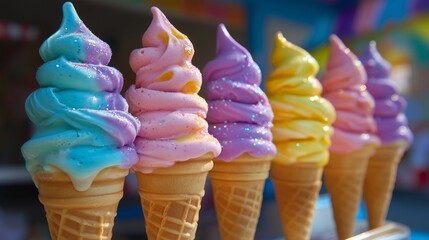 Bright multi -colored ice cream in waffle horns, decorated with brilliant sprinkling, are built in a row. Colors include blue, pink, purple, yellow and orange, creating a festive atmosphere.