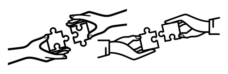 Vector art of hands assembling puzzle pieces, symbolizing teamwork, collaboration, and problemsolving