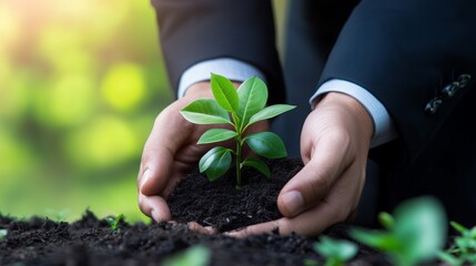 Hands in a business suit gently hold a young green sprout planted in dark fertile soil. The blurry green background with soft light creates an atmosphere of nature and care of ecology.