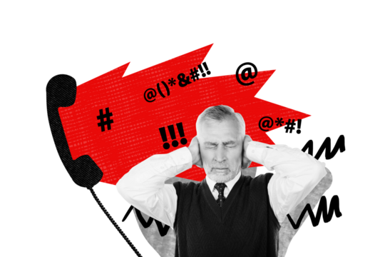 Composite photo collage of unhappy old man dispatcher worker telephone handset complaint quarrel bullying isolated on painted background