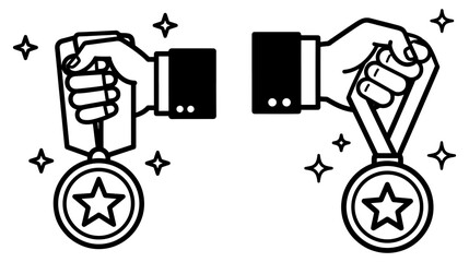 Vector art of two hands holding medals with stars, symbolizing success and achievement