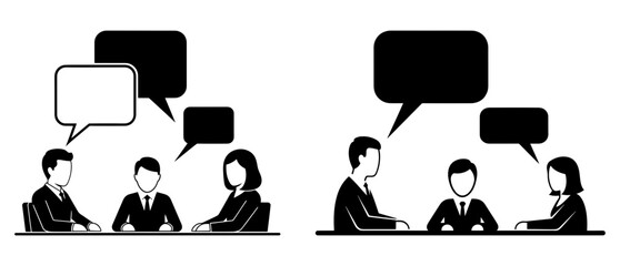 Vector art of business people in a meeting with speech bubbles, symbolizing communication