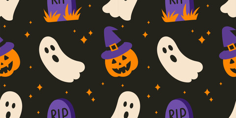 Halloween seamless pattern with pumpkin, ghosts and stars on black background. Bright seasonal background for party invitation, holiday greetings