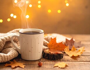 Steaming hot drink in white mug with fall leaves and bokeh lights