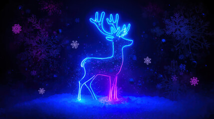 Fototapeta premium Glowing neon reindeer silhouette with falling snowflakes