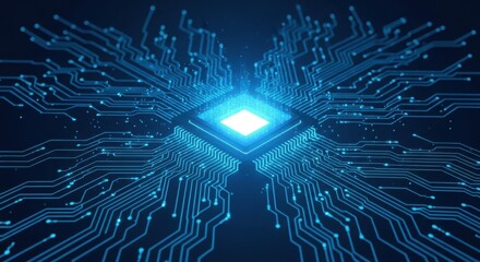 CPU with Light Glowing Neon Frame on Circuit Board - Technology Semiconductor on Blue Background, Empty AI Chip, Digital Tech Background, Big Data and Artificial Intelligence Concept Process