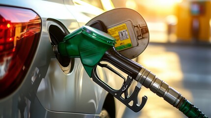 The close -up of the green gas station pistol inserted into the tank of a silver car at a gas station during sunset. Warm golden tones and blurry background create an atmosphere of energy