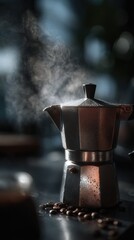 Steam rises from a moka pot brewing coffee in a cozy kitchen setting with natural light and warm ambiance