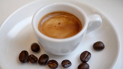 The close -up of the espresso cup with thick cream foam served on a white plate. Next to the cup are several fried coffee beans, emphasizing the aroma and freshness of the drink.
