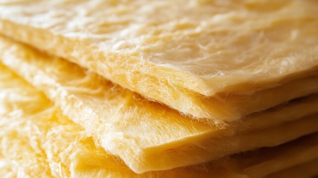 A close -up stack of yellow fiberglass used for thermal insulation. The texture of the material with soft fibers is released against a light background