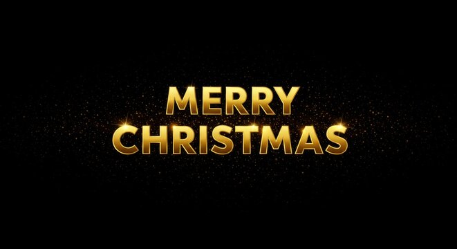 Merry Christmas gold text with glitter effect on an elegant black background for holiday season card