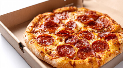 Delicious pepperoni pizza in a cardboard box, close-up, comfort food, fast food indulgence.