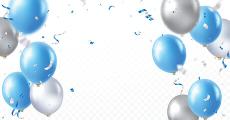 Blue and silver balloons, party confetti ribbon for happy birthday celebration and banner