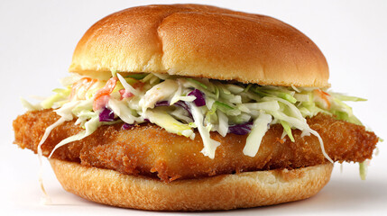 Crispy fried fish sandwich with vibrant coleslaw on a toasted bun, close-up food photography.