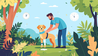 Man caring for dog outdoors illustration
