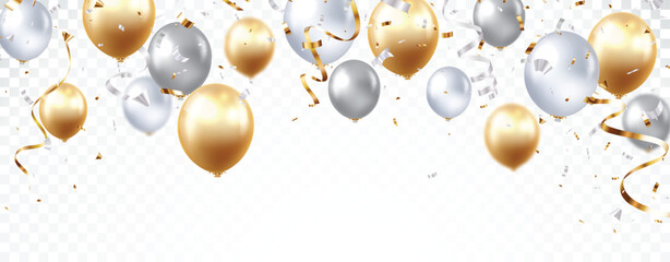 Gold and silver balloons with celebration confetti, banner design for happy Birthday greeting card, banner, and template backgrounds