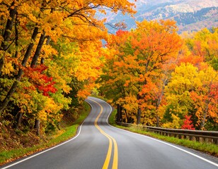 Obraz premium Winding road through vibrant autumn foliage