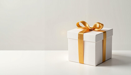White gift box with yellow ribbon on minimalist surface, copy space    