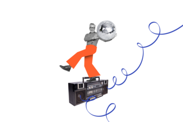 Composite photo collage of happy old man dance boombox device hold disco ball music occasion event sound isolated on painted background