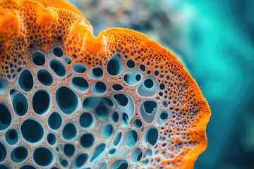 Close-up of a vibrant orange marine organism, possibly a sponge or coral, featuring intricate porous patterns and deep blue internal structures.